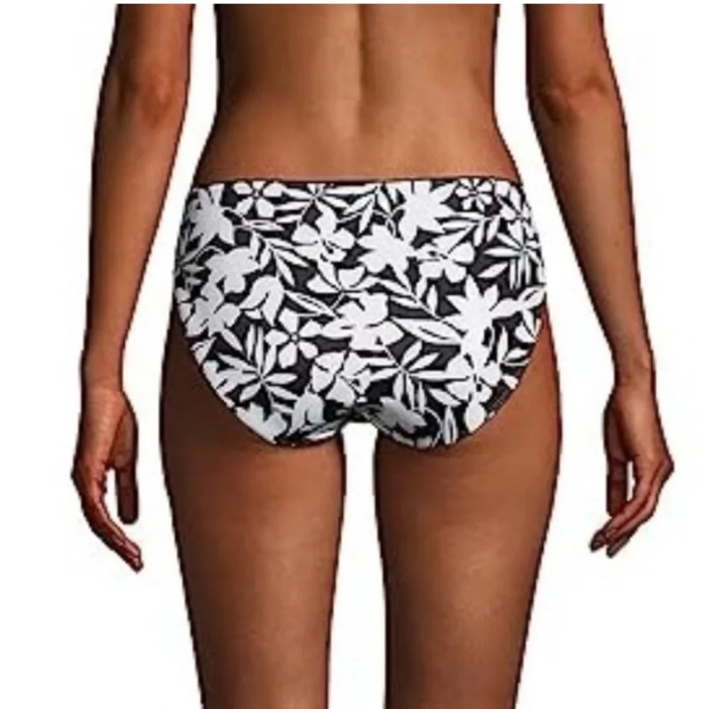 Lands' End Mid Waist Bikini Bottoms. Piped Havana Floral Black + White Sz 8 NWOT